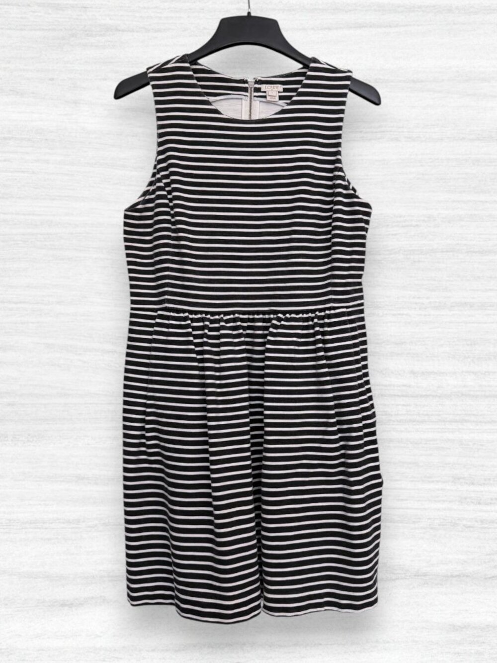 J.Crew Striped Pleated Ponte Fit & Flare Sleeveless Dress Black White Preppy L